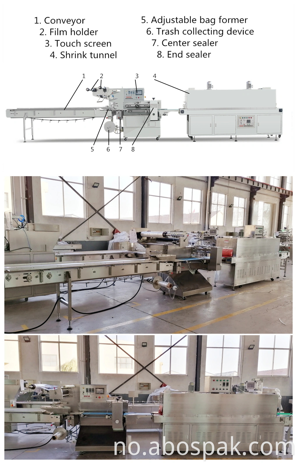 Qingdao Bostar Fresh Fruit Coconut Multifunksjon Automatisk Horisontal Servo Heat Shrincable Film Shrink Innpakning Pakkemaskin med tunnel